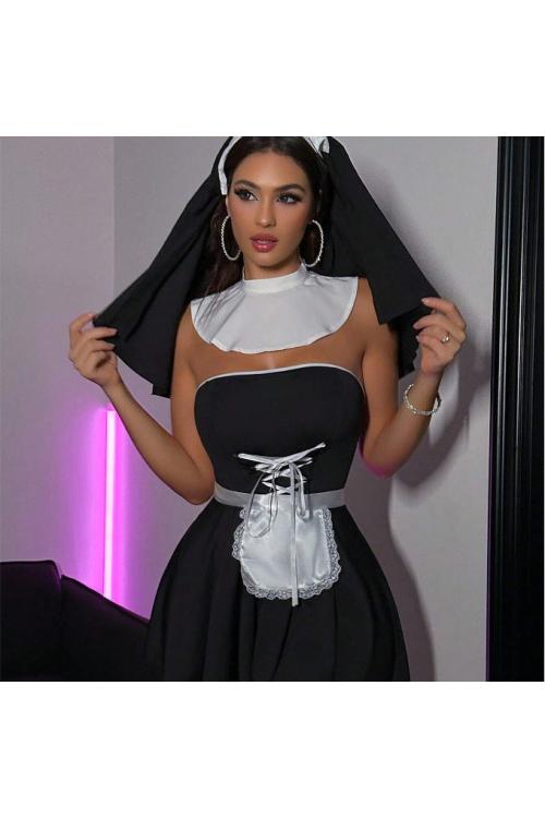 بدلة خادمة مغرية - طقم كوسبلاي مثير برباطات ظهر مكشوف وتنورة قصيرة